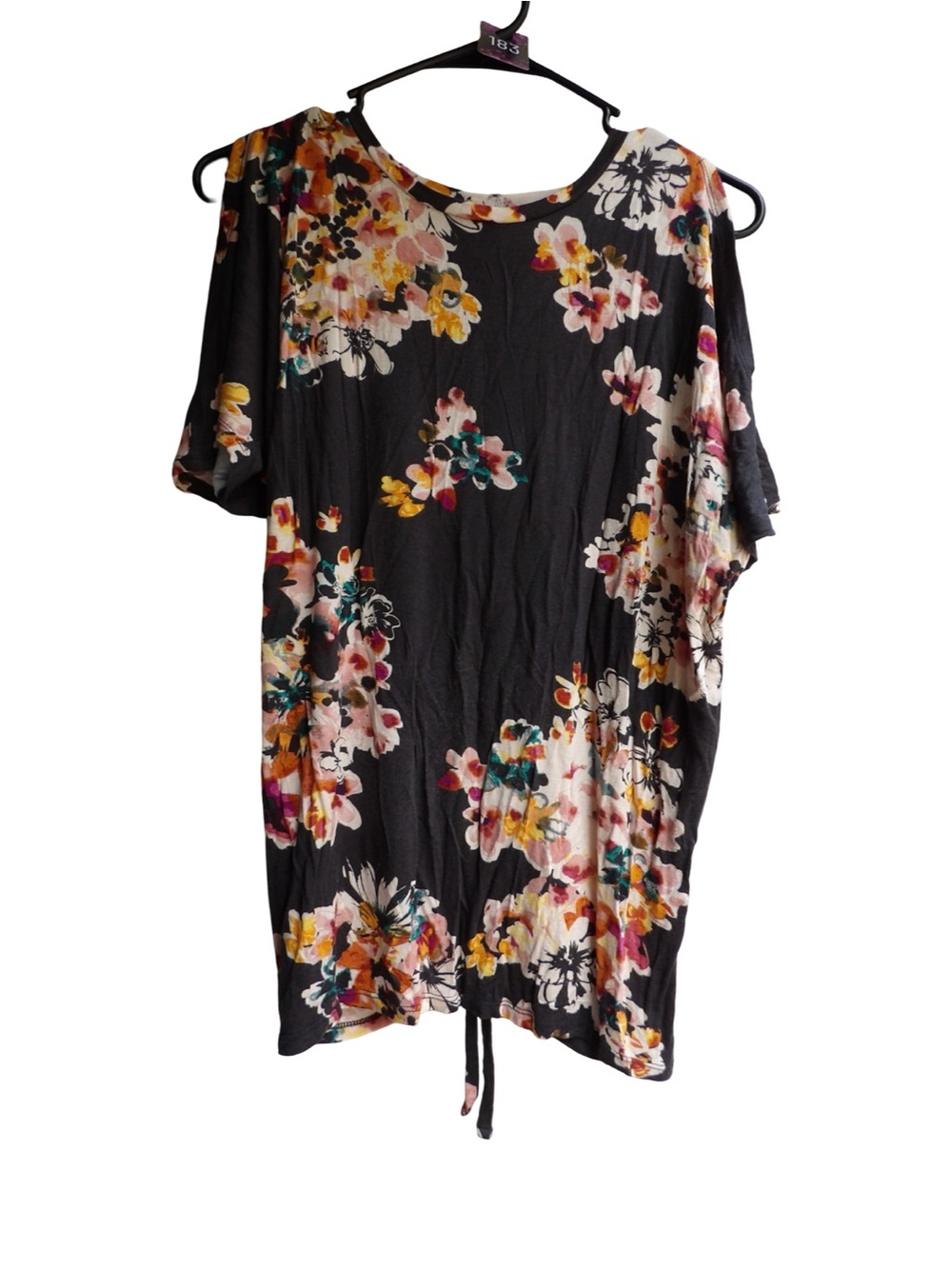 Black Floral Cold Shoulder Sleeve Blouse with Drawstring Hem